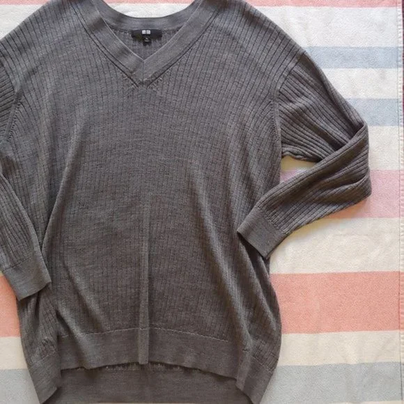 Uniqlo Merino Blend Ribbed V-Neck Sweater Gray - Picture 3 of 11